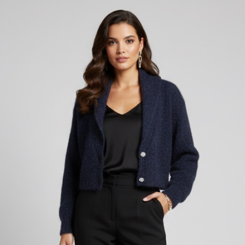 House of Harlow 1960 Elegant‎ Cropped Midnight Blue Knit Cardigan sweater